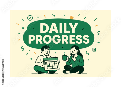 Daily Progress Goals. Daily Progress banner, flat vector illustration, bold oversized text inside rounded blob banner, cartoon characters sitting and checking