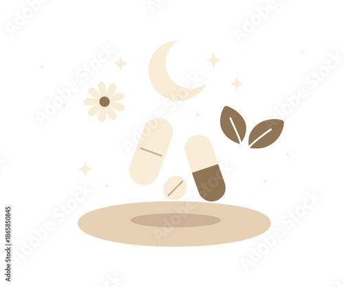 Dreamy Sleep Ritual. Sleep support ritual. Pills and herbal icons floating above a mat; dreamy gradients and stars forming a halo. Gentle airflow curves