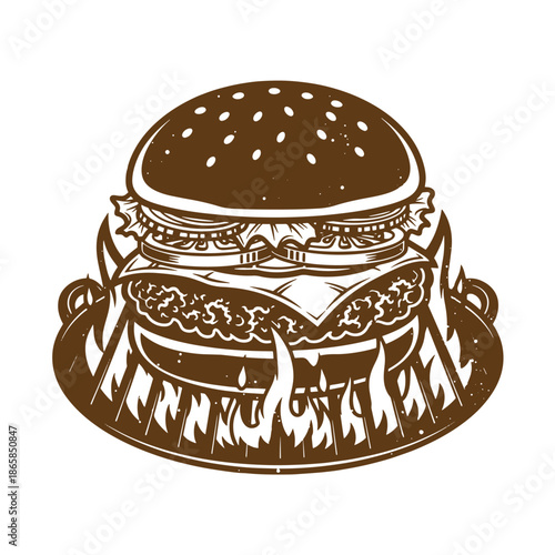 Vintage Brown hamburger with flames rising from bottom bun on white background  a juicy grilled burger