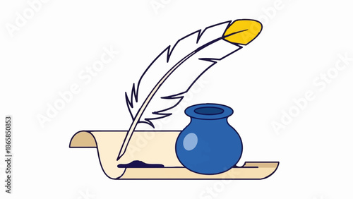 An antique quill pen rests on a parchment scroll next to an inkwell