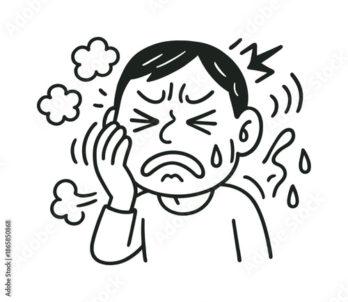 Doodle of Pain. Painful expression. Hand-drawn doodle illustration Painful expression tightly shut eyes, bent eyebrow, compressed lips, stress bubbles,