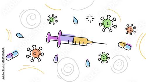 Vaccination Medical Illustration with Syringe Pills and Virus Cells Concept