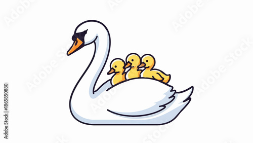 A white swan carries three yellow ducklings on its back