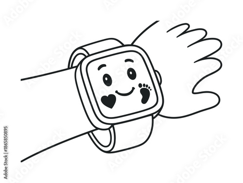 Smartwatch Coloring Fun. Wearable tech children?s coloring book illustration, outlined drawing, smiling smartwatch showing heart and step icons on a child?s