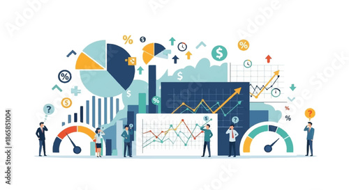 Illustrations of financial growth charts, graphs, and analysis with business people examining data and indicators