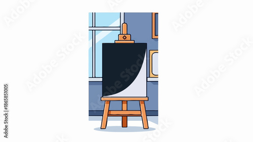 An easel with a half-painted canvas stands before a window in an art studio