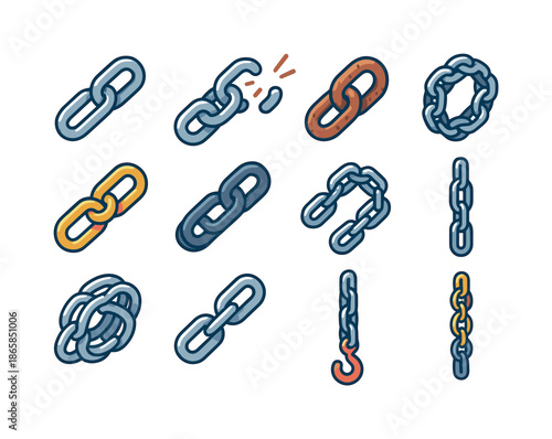 Colorful Chain Icons. Chains. Colorful isometric vector icons set of chains: linked metal chain, broken chain, rusted link, gold chain, thick anchor chain,