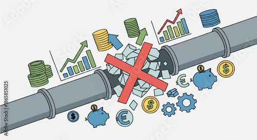 Illustration of a broken pipeline with money flowing out, symbolizing financial loss and economic crisis
