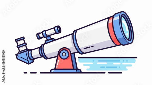 A white telescope with blue and red accents sits on a stand, appearing to look at a stylized watery surface