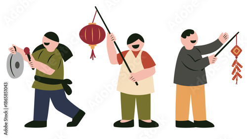 People Celebrating Chinese New Year with Gong Lantern and Firecrackers