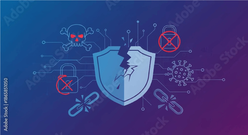 Conceptual illustration of digital insecurity and cyber threats, featuring a cracked security shield surrounded by icons representing data breaches, network vulnerabilities, and system compromises