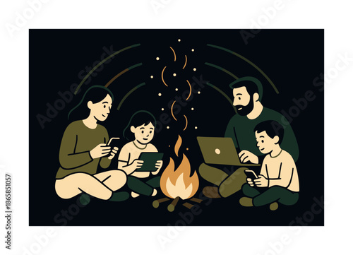 Family Campfire Gathering. Campfire connection. Family gathered by a small fire, screens glowing softly; sparks drifting upward like ideas. Warm arcs showing
