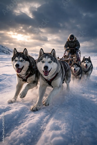 A powerful team of huskies pulling a wooden dog sledge across a frozen tundra, snow flying beneath their paws