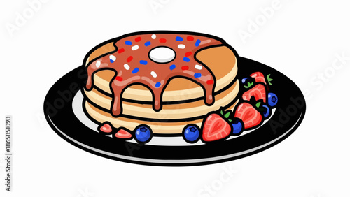 A stack of pancakes drizzled with chocolate sauce and topped with colorful sprinkles and fresh berries