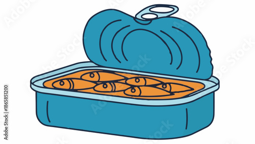 An open can of sardines in oil, with fish swimming in orange liquid