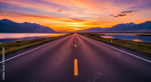 Scenic Highway Towards Majestic Mountain Sunset Over Calm Lake