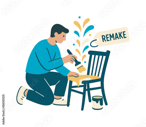 Upcycled Chair Art. Upcycling project. A character repaints an old chair, droplets swirling upward in bright accents. A floating ?REMAKE? tag adds charm.