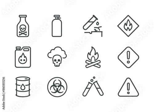 Hazard Symbols Icons. Hazardous materials. Line icon set of hazardous materials: chemical bottle, gas cylinder, corrosive liquid icon, explosive