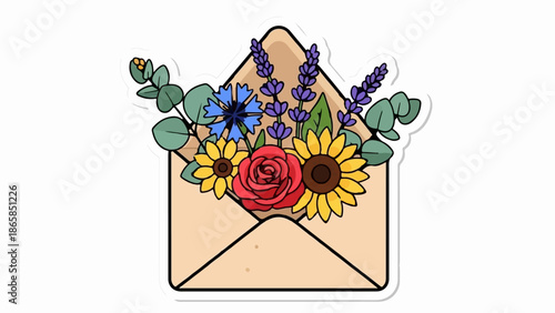 An open envelope spills forth a colorful arrangement of blooming flowers, including sunflowers, a rose, and lavender
