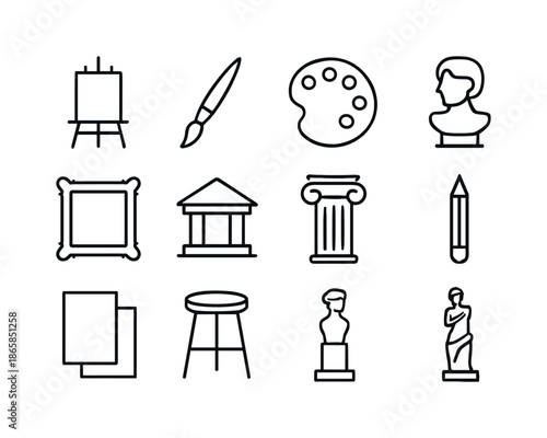 Fine Art Icons. Fine art. Line icon set of Fine art: easel, paintbrush, palette, sculpture, bust, frame, gallery, column, pencil, canvas, stool, statue. All