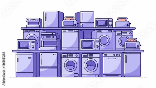 A stacked collection of household appliances, featuring washers, dryers, microwaves, and refrigerators in a purple hue