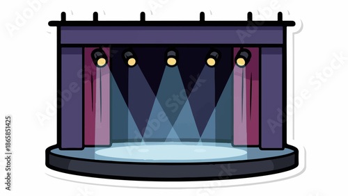 A stage with purple curtains, spotlights, and a lit platform