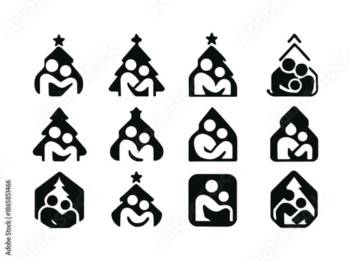 Festive Family Icons. family taking a holiday photo in front of the christmas tree. Icon set. Set Logo of family taking a holiday photo in front of the