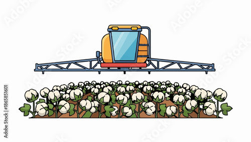 Agricultural sprayer above a field of fluffy white cotton bolls on plants