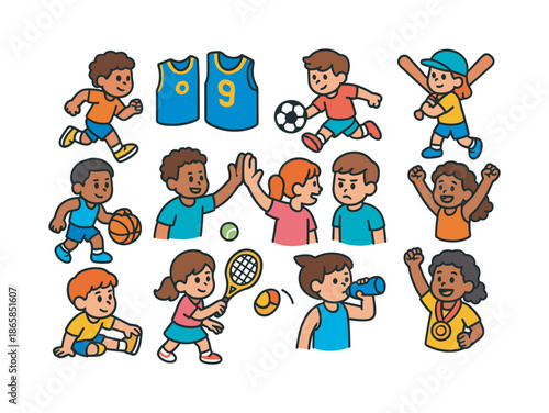 Kid Athlete Icons. Kid athletes. Colorful isometric vector icons set of kid athletes: running pose, team jersey, soccer kick, baseball swing, basketball