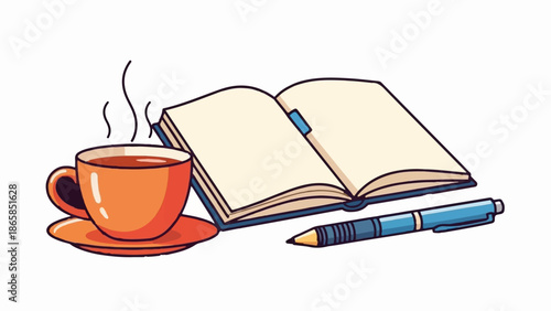 A steaming cup of coffee sits next to an open notebook and a blue pen, suggesting a moment of contemplation or creativity