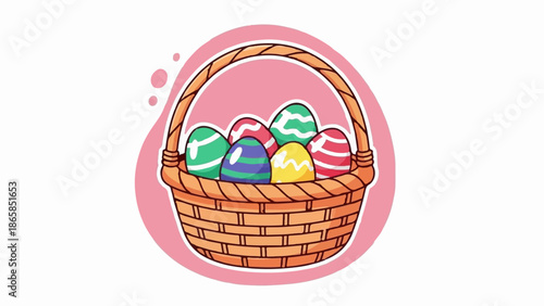 A wicker basket filled with colorful, patterned eggs on a pink circular background