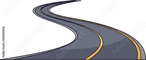 A winding asphalt road with yellow dividing lines curves across a white background