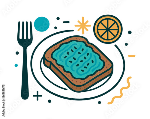 Vibrant Avocado Brunch. Healthy brunch moment. A fork hovers beside vibrant avocado toast; geometric accents pop like citrusy energy. Warm notes fill the