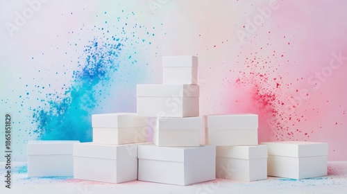 Stacked white gift boxes arranged artistically against a vibrant pink and blue background with colorful splashes, creating an inviting and festive atmosphere for celebrations and special occasions