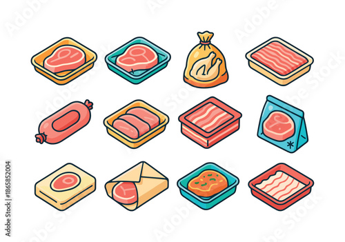 Colorful Meat Packaging Icons. Meat packaging. Colorful isometric vector icons set of meat packaging: foam tray, vacuum-sealed steak pack, poultry bag, ground