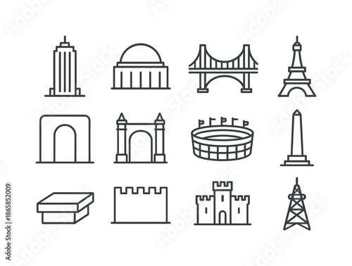 Enormous Structure Icons. Enormous structures. Line icon set of enormous structures: skyscraper, large dome, huge bridge, giant tower, massive arch, oversized