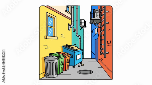 An urban alleyway with colorful buildings, a window, pipes, and overflowing trash cans