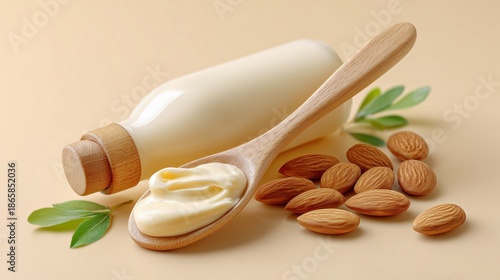 Creamy almond lotion in a wooden spoon beside a bottle and scattered almonds, showcasing natural ingredients and skincare benefits for healthy skin