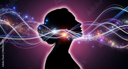 Silhouette of a woman's head with abstract energy waves and glowing particles, representing mind power.