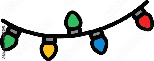 A string of colorful, stylized bulbs in green, yellow, blue, and red illuminates the scene