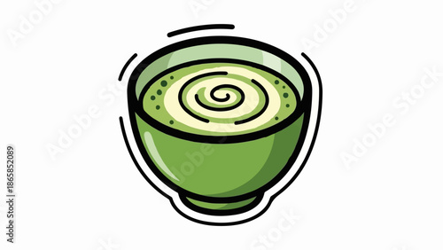 A stylized, green bowl with a creamy, swirled green beverage, dotted with lighter green specks