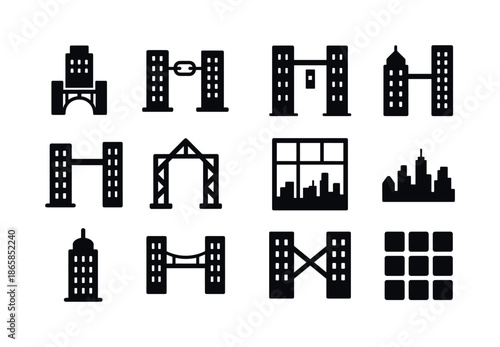 High-Rise Iconography. High-rise connectivity. Solid icon set of High-rise connectivity: tower with bridge, rooftop link, bridge between skyscrapers, top-floor
