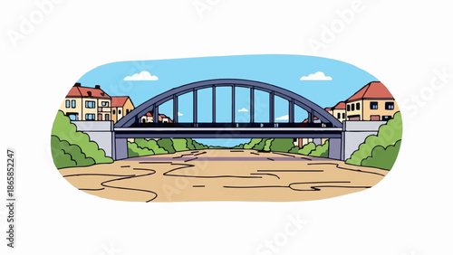 Arched bridge spans a dry riverbed flanked by houses and green hills