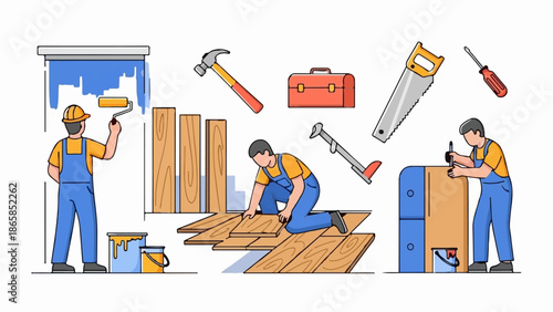 Artisans performing home renovation tasks like painting, flooring, and carpentry