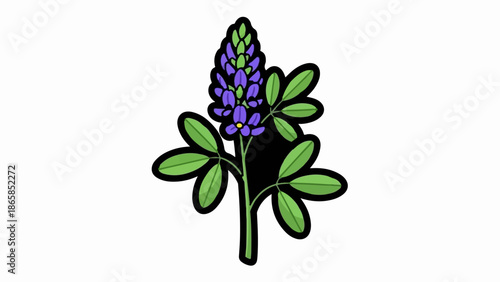 A stylized illustration of a flowering plant with purple blooms and green leaves