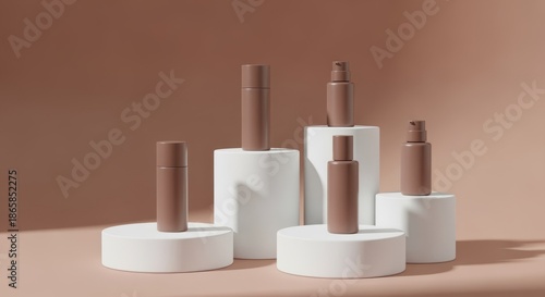 Minimalist cosmetic bottles arranged on white pedestals, product display, beauty concept
