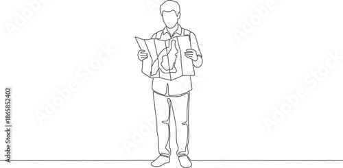 Continuous line drawing of a person studying a detailed map, symbolizing exploration, travel planning, and finding direction