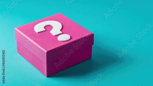 Pink gift box with a large question mark symbol on top, placed on a vibrant turquoise background, creating a sense of mystery and anticipation for surprises inside