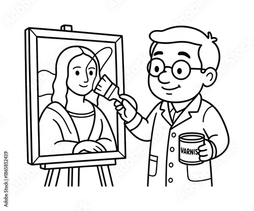 Varnish Painting Lesson. Protective varnish children?s coloring book illustration, outlined drawing, curator applying a simple brush stroke of protective