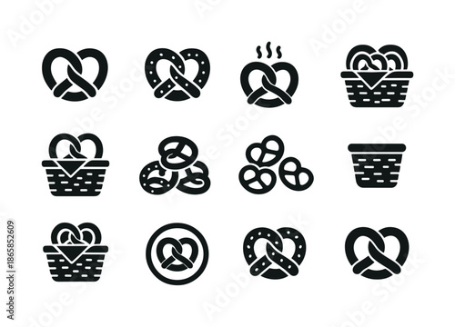 Basket Pretzel Icons. Pretzels in a Basket. Solid icon set of Pretzels in a Basket: twisted pretzel, salted pretzel, soft pretzel, mini pretzels, woven basket,